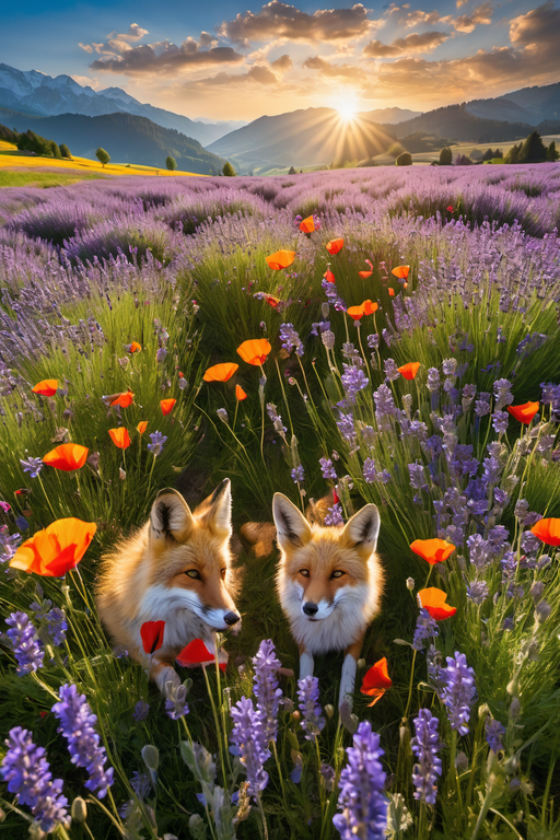 Two foxes sit peacefully amidst a vibrant field of lavender and poppies during a golden sunset.