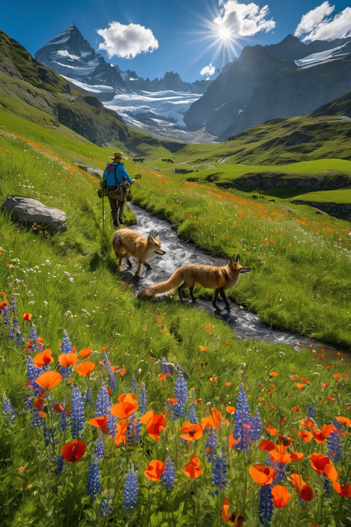 A person hiking through a lush mountain meadow with two foxes crossing a small stream.