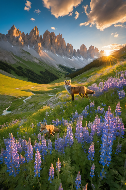 Two foxes roam through a field of purple lupines under sunlit mountain peaks.