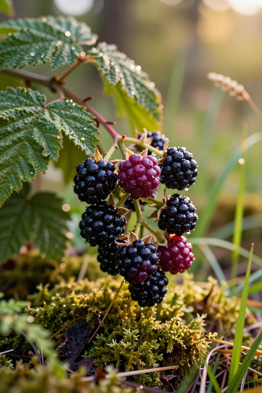 A close-up shot of ripe blackberries and red berries covered in morning dew on a leafy vine.