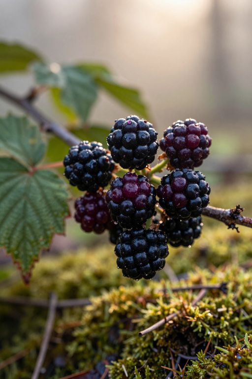 Un gros plan macro de mûres bien mûres couvertes de rosée matinale sur une branche de forêt.