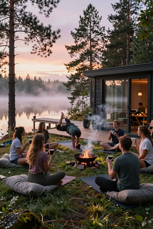 A group of friends gathers around a campfire by a misty lake at sunset.