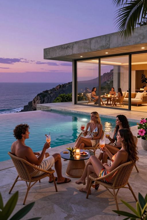 A group of friends enjoys cocktails by an infinity pool overlooking the ocean at sunset.