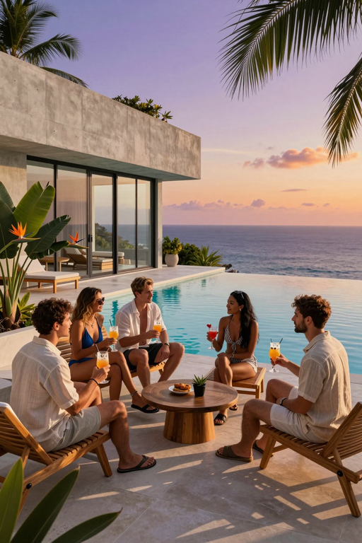 A group of friends enjoying cocktails by an infinity pool overlooking the ocean at sunset.