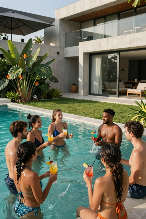 A group of friends enjoying cocktails together by the edge of a luxury swimming pool.