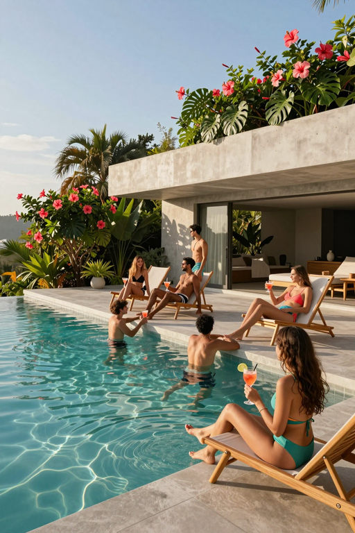 A group of friends enjoying cocktails and sunshine by a luxury infinity pool.