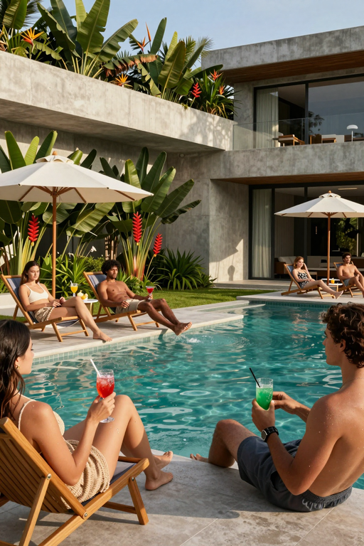 A group of friends relaxing by a luxury swimming pool with colorful cocktails.