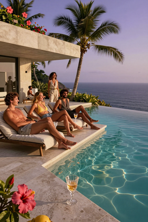 A group of friends relaxes by an infinity pool overlooking the ocean at sunset.