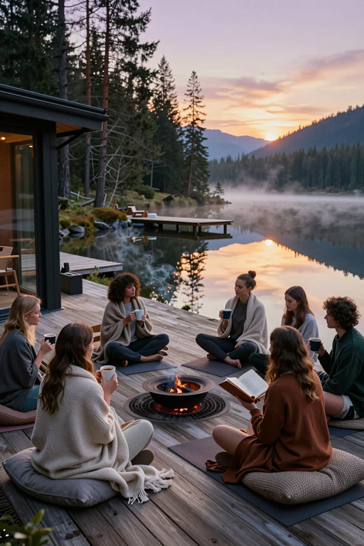 A group of friends relaxes on a wooden deck by a misty lake at sunset around a fire pit.