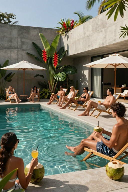 A group of friends relaxes by a tropical swimming pool with refreshing coconut drinks.