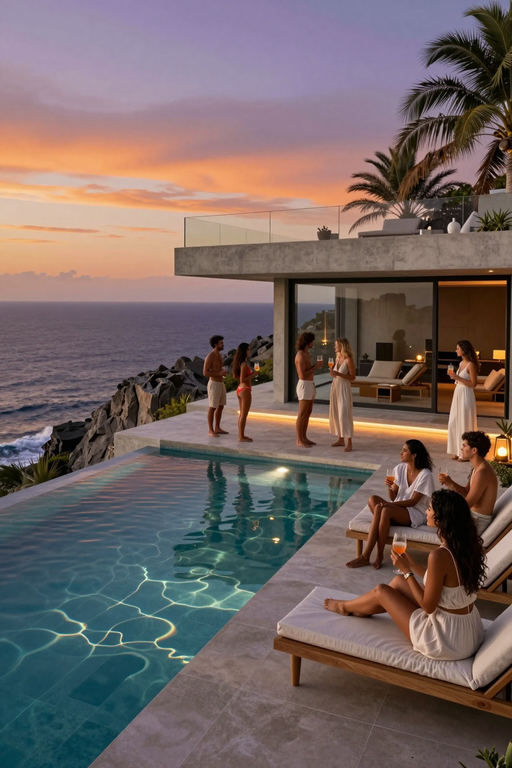 A group of friends enjoys cocktails by an infinity pool overlooking the ocean at sunset.