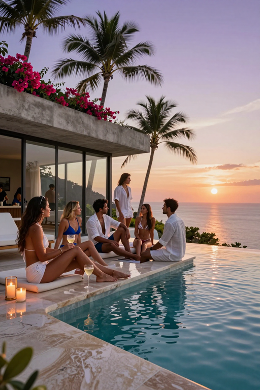 Un gruppo di amici si rilassa accanto a una lussuosa piscina a sfioro durante un bellissimo tramonto tropicale.