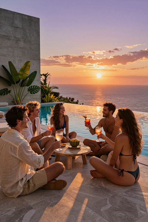 A group of friends enjoys cocktails by an infinity pool overlooking the ocean at sunset.