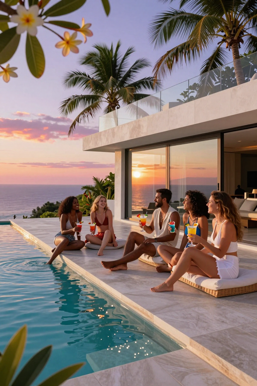 A group of friends enjoys cocktails by a luxury infinity pool overlooking the ocean at sunset.