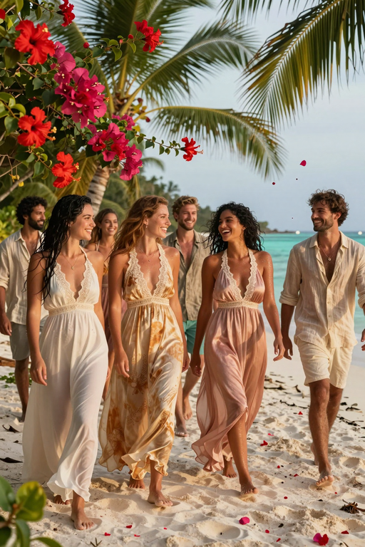 Eine Gruppe glücklicher Freunde, die gemeinsam entlang eines sonnigen tropischen Strandes spazieren gehen.
