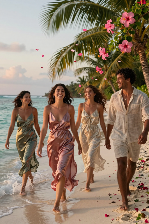 A group of happy friends walking together along a tropical beach at sunset.