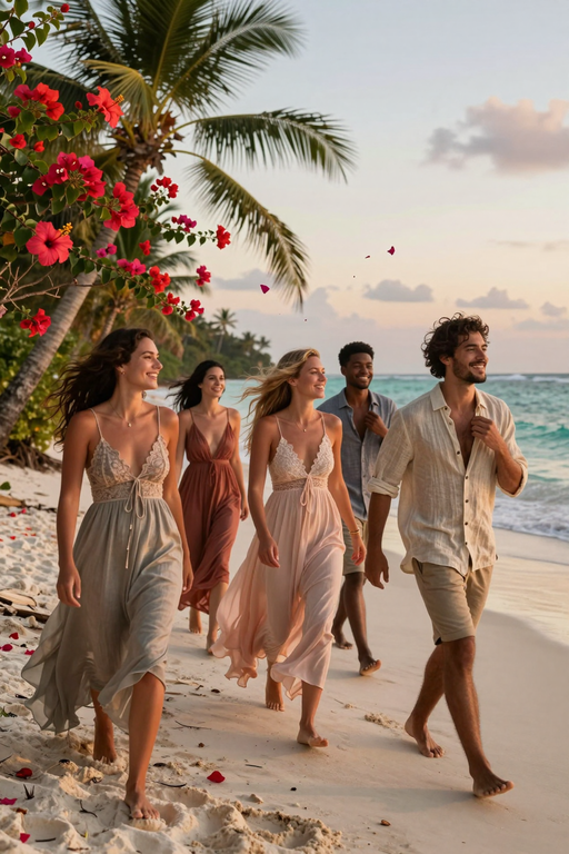 A group of happy friends walking along a tropical beach at sunset.
