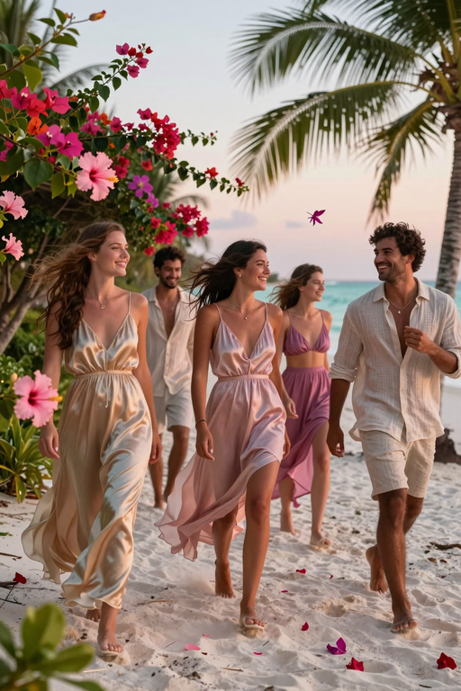 A group of happy friends walking together on a tropical beach at sunset.