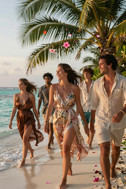 Un gruppo di amici felici che camminano lungo una spiaggia tropicale sotto le palme.