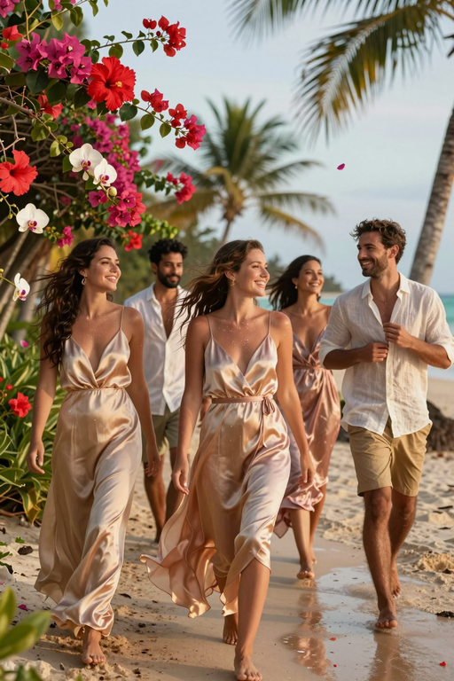 A group of happy friends walking together along a beautiful tropical beach lined with palm trees and flowers.