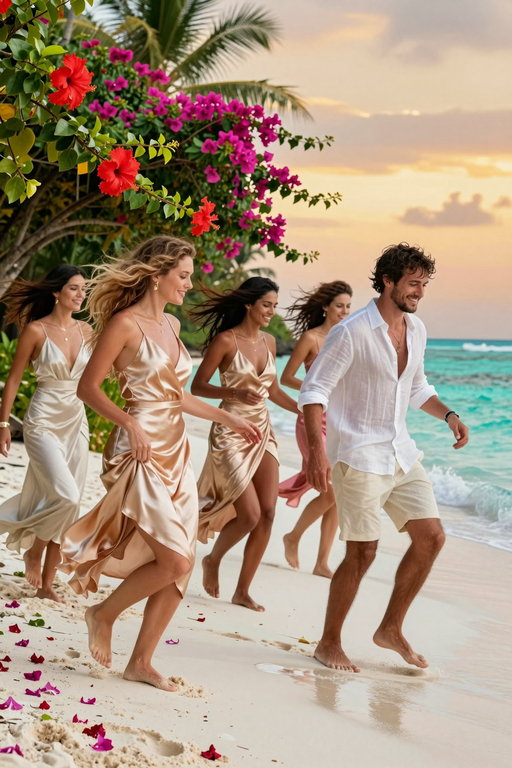 A group of friends walking happily along a tropical beach lined with vibrant pink flowers at sunset.