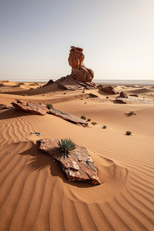 A vast desert landscape featuring rippled sand dunes and prominent rock formations under a clear sky.