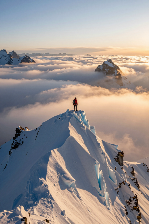 A lone hiker stands atop a snow-covered mountain peak above a vast sea of clouds at sunset.