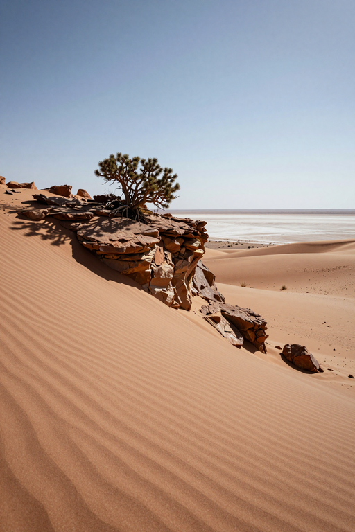 A single resilient tree grows from a rocky formation amidst vast, rippled sand dunes under a clear sky.