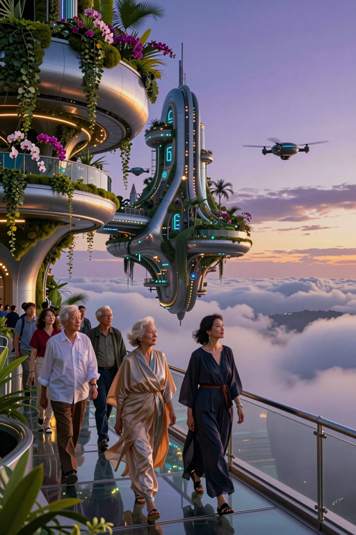 People walking on a futuristic balcony overlooking a sea of clouds at sunset.