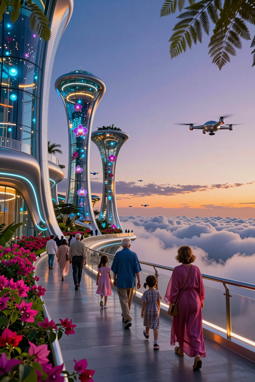 A futuristic cityscape featuring towering glass structures above a sea of clouds at sunset with flying drones.