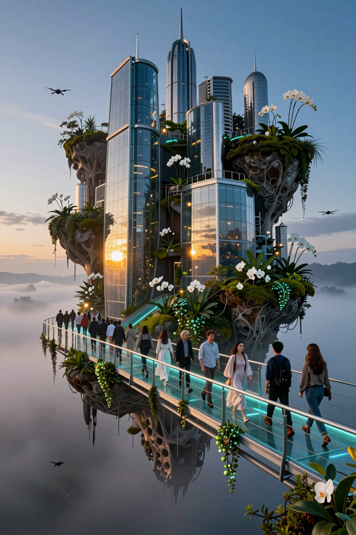 Eine futuristische Stadtlandschaft mit Wolkenkratzern und üppigem Grün, das über einem Meer aus Wolken bei Sonnenuntergang schwebt.