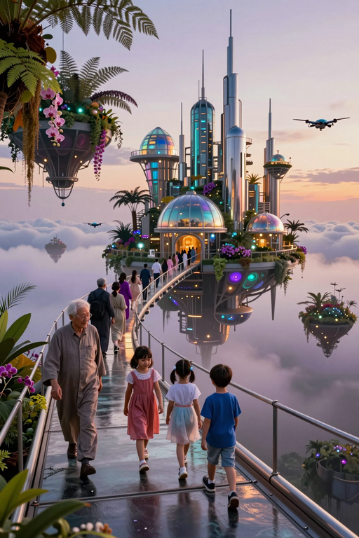 People walk along a futuristic bridge towards a magnificent floating city amidst the clouds.