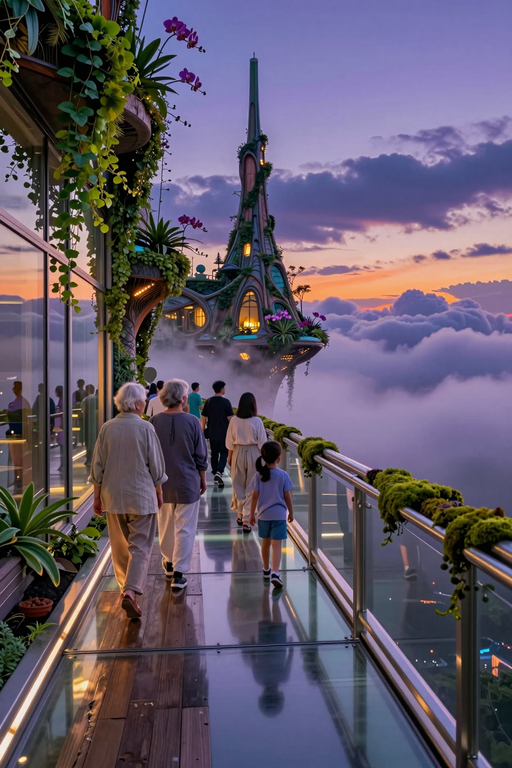 Menschen gehen über eine Glas-Skybridge auf einen futuristischen, mit Pflanzen bewachsenen Wolkenkratzer zu, während der Sonnenuntergang leuchtet.