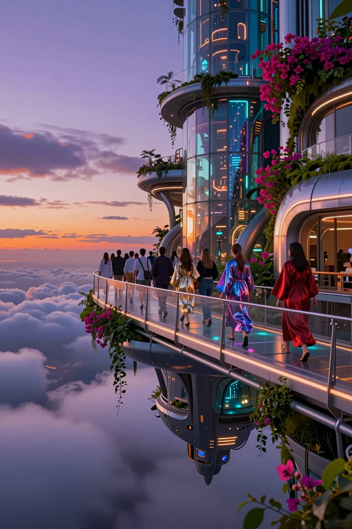 People walk along a futuristic elevated walkway attached to a high-rise building above the clouds at sunset.