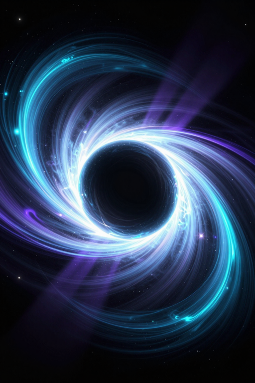 A mesmerizing digital illustration of a glowing blue and purple black hole swirling in deep space.
