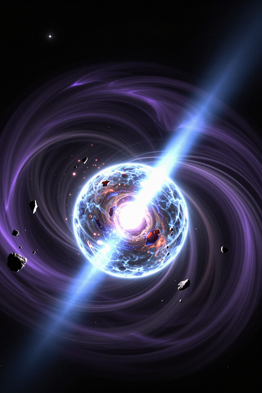 A glowing celestial object emitting a bright blue beam of light amidst swirling purple cosmic dust and asteroids.