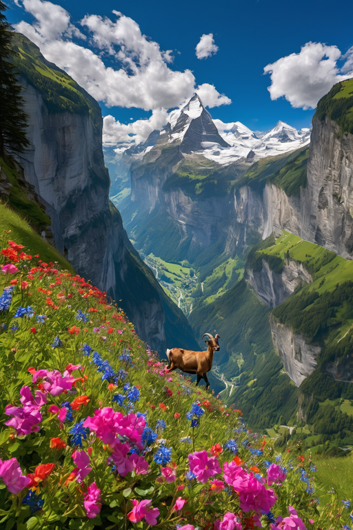 A goat stands amidst vibrant wildflowers overlooking a breathtaking snow-capped mountain range and deep valley.