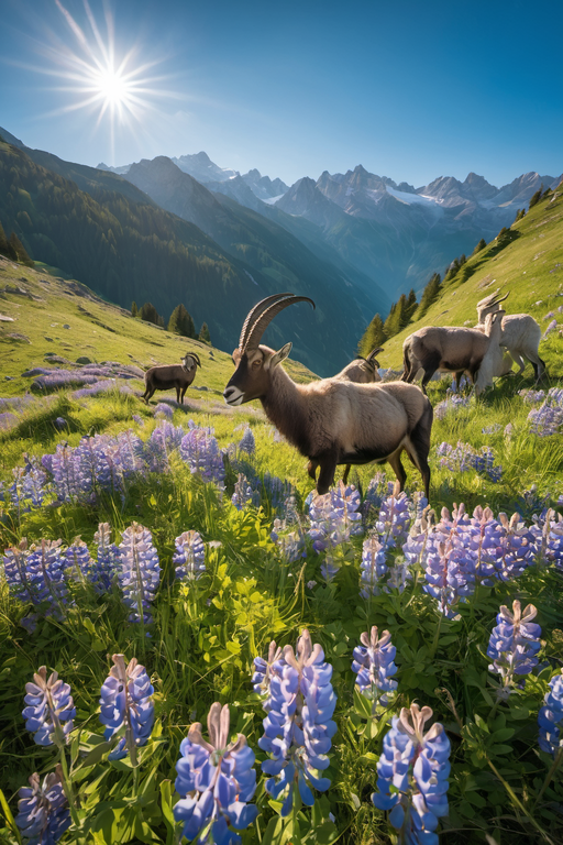A group of goats grazing in a lush mountain meadow filled with purple lupine flowers under bright sunlight.
