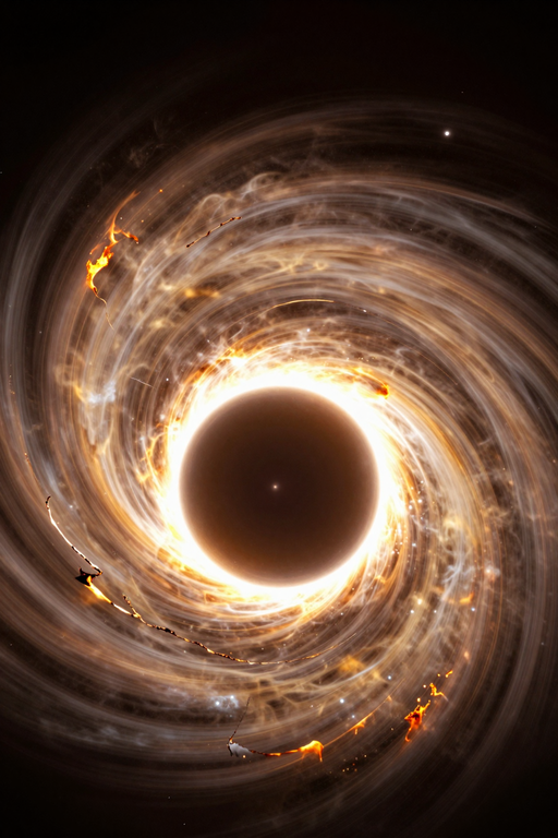 A mesmerizing depiction of a black hole surrounded by swirling golden cosmic energy and light.