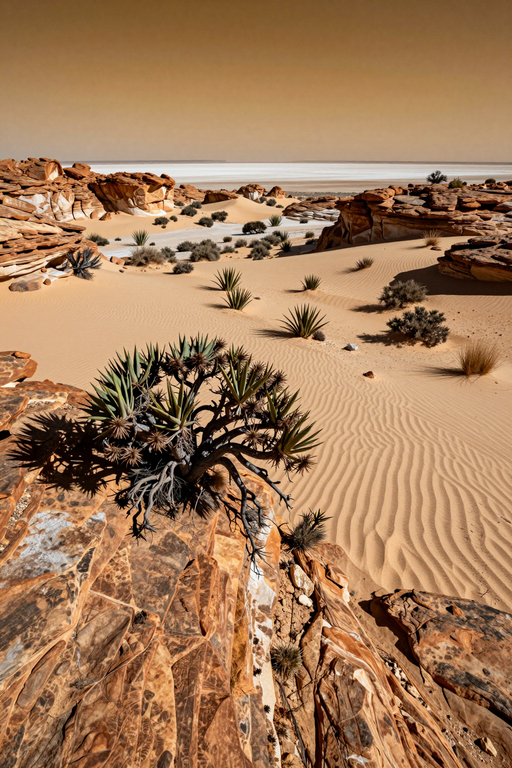 A serene desert landscape featuring undulating sand dunes, rocky outcrops, and sparse vegetation under a hazy golden sky.