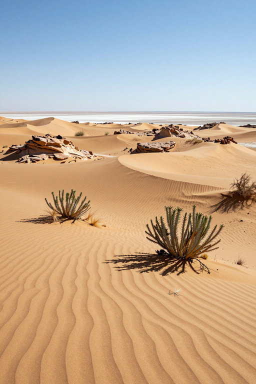 Golden sand dunes with rippled patterns stretch across a vast desert landscape under a clear blue sky.