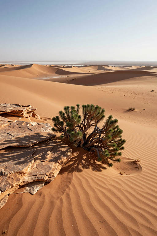 A green succulent plant grows beside rocks amidst vast, undulating sand dunes under a clear sky.