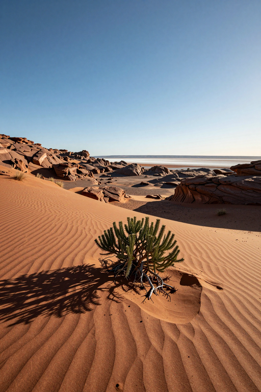 A small green succulent grows amidst the rippled sand dunes of a vast desert landscape.