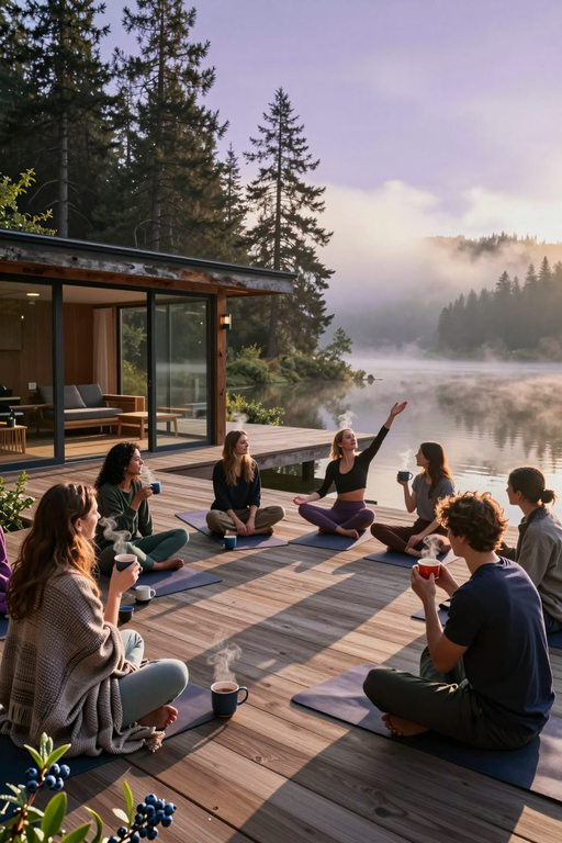 A group of people practicing yoga and enjoying coffee on a wooden deck by a misty lake.