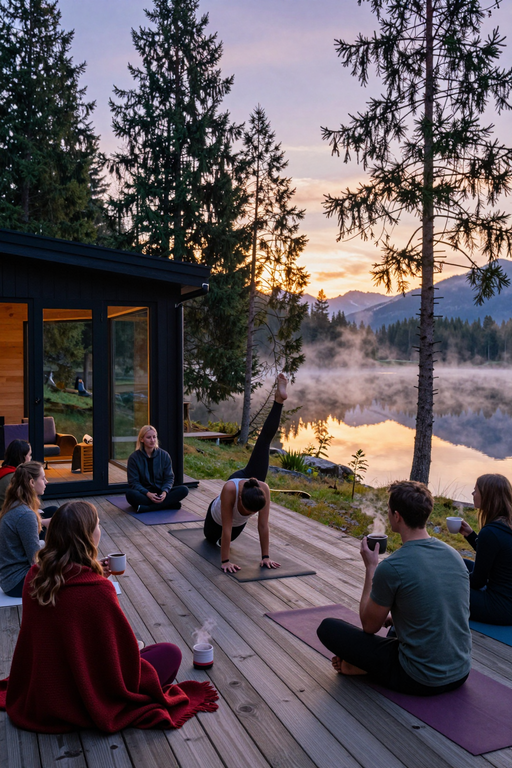 A group of people practicing yoga on a wooden deck during a misty sunrise in the mountains.