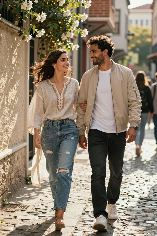 A happy young couple walks together down a sunlit cobblestone street.