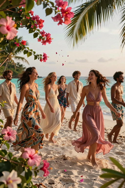 A group of happy friends walking and laughing together on a beautiful tropical beach.