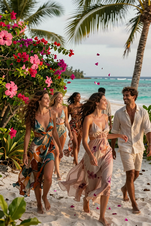 A group of happy friends walking along a tropical beach lined with pink flowers and palm trees.