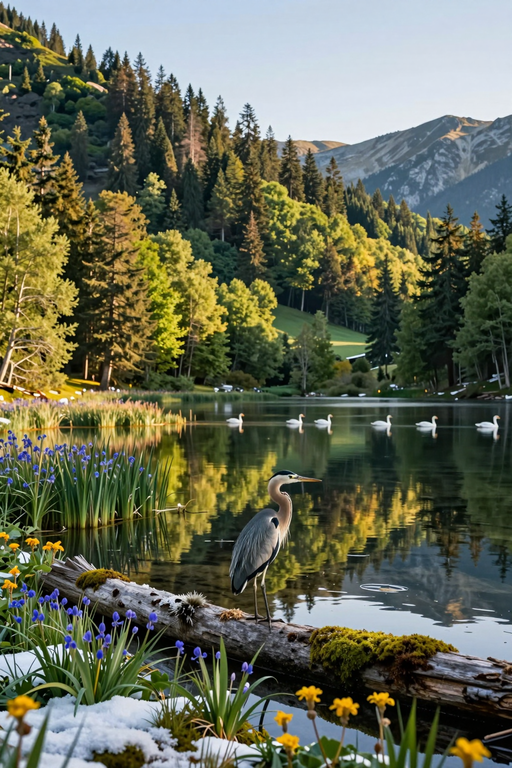 A grey heron stands gracefully on a mossy log by a serene mountain lake.