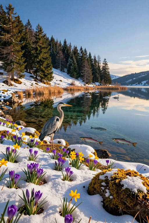 A grey heron stands by a clear lake surrounded by snow-covered ground and blooming spring crocuses.